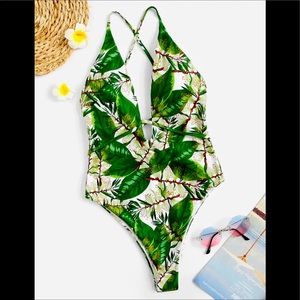 Shein tropical deep v one piece swimsuit